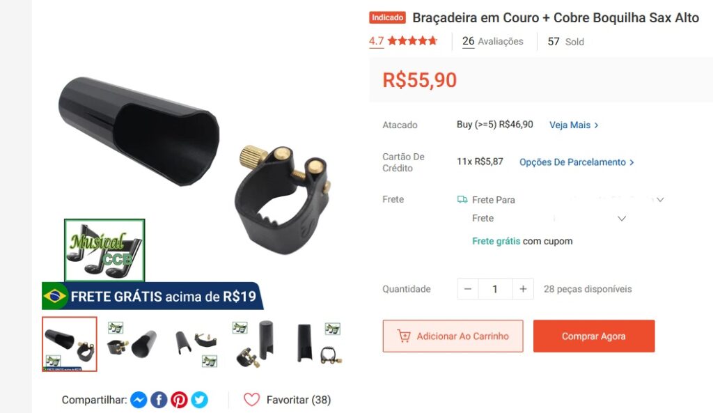 Braçadeira em Couro + Cobre Boquilha Sax Alto