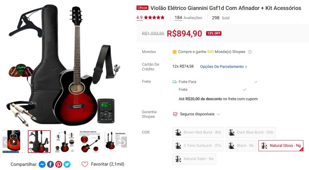Violão Elétrico Giannini Gsf1d Com Afinador + Kit Acessórios