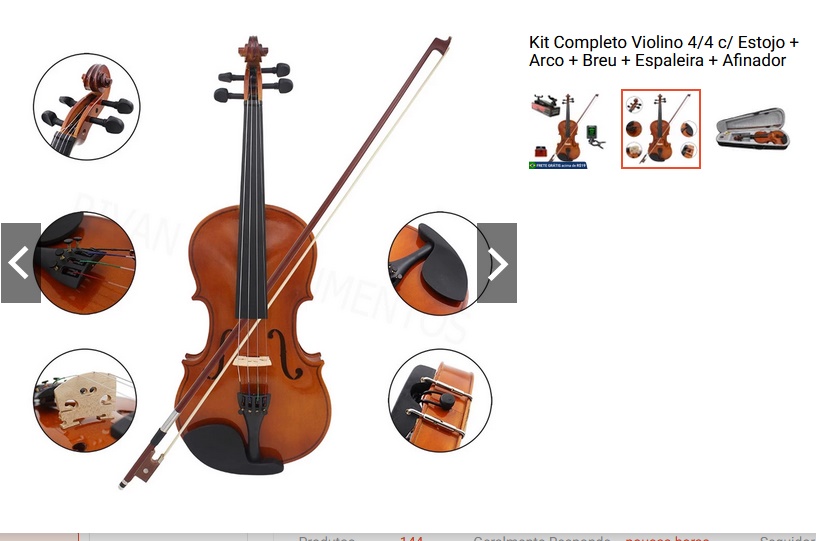 Kit Completo Violino 4/4 c/ Estojo + Arco + Breu + Espaleira + Afinador
